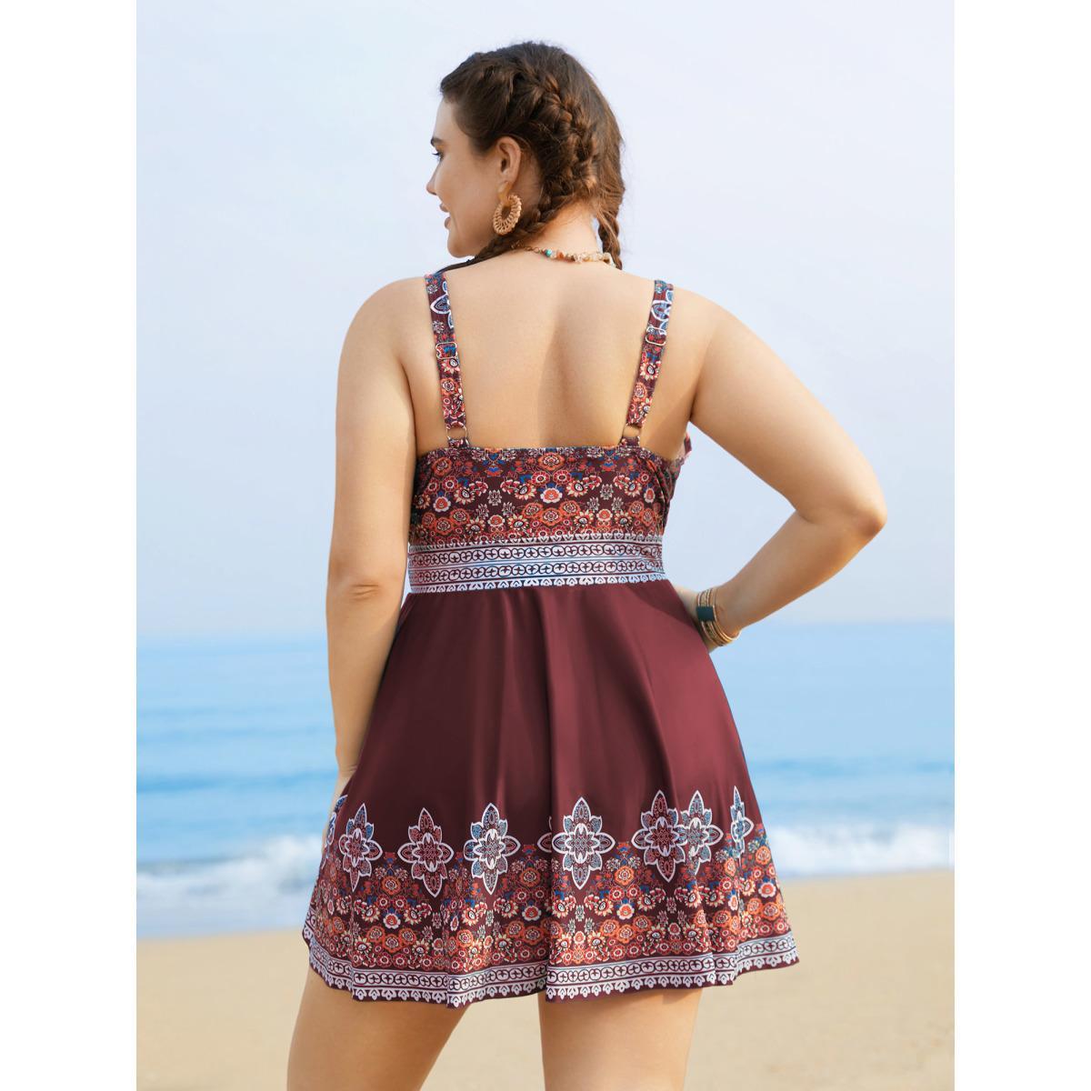 Plus Size Boho Print Surplice Neck Adjustable Swim Dress Women's Swimwear Deepred Beach Bodycon Overlap Collar High stretch Curve Swim Dresses BloomChic 14-16/1X Product Image
