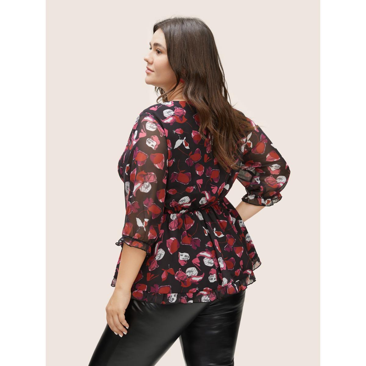 Plus Size Black Floral Mesh Patchwork Ruffle Trim Blouse Women Cocktail Elbow-length sleeve V-neck Party Blouses BloomChic 12/L Product Image