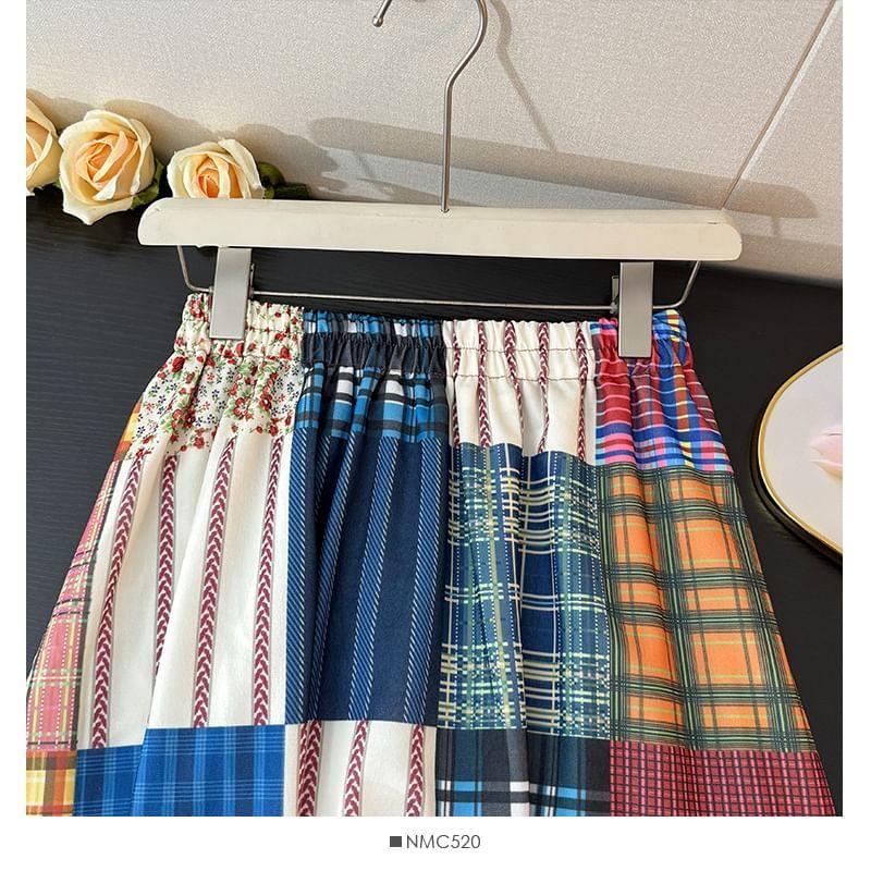 Patchwork Plaid A-Line Midi Skirt Product Image