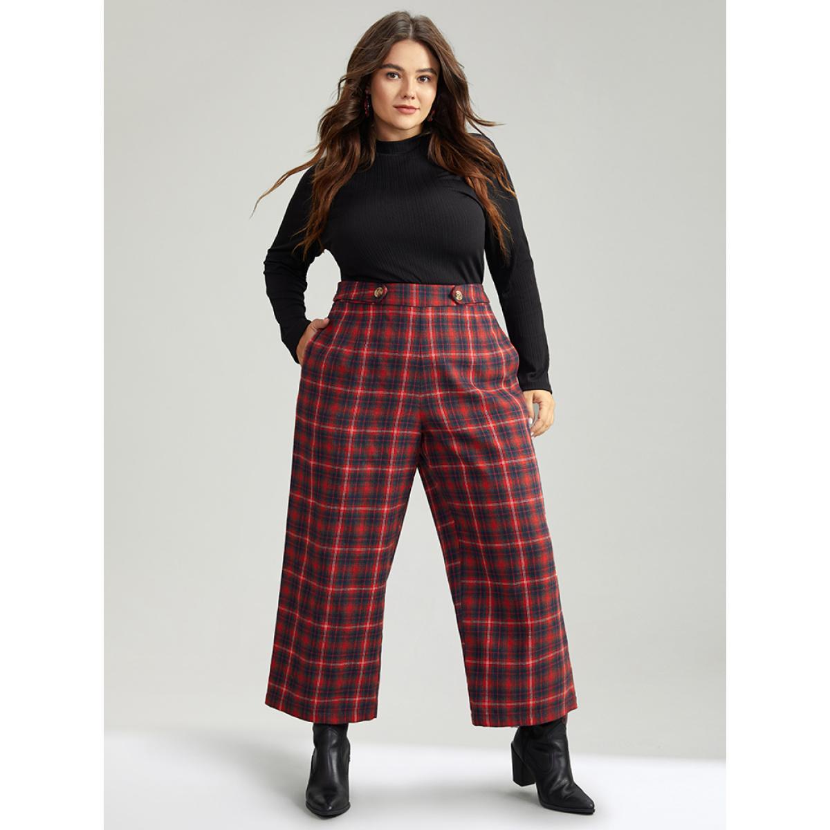 Plus Size Plaid Button Detail Pocket Loose Pants Women Scarlet Elegant Loose Mid Rise Festival-Christmas Pants BloomChic 14-16/1X Product Image