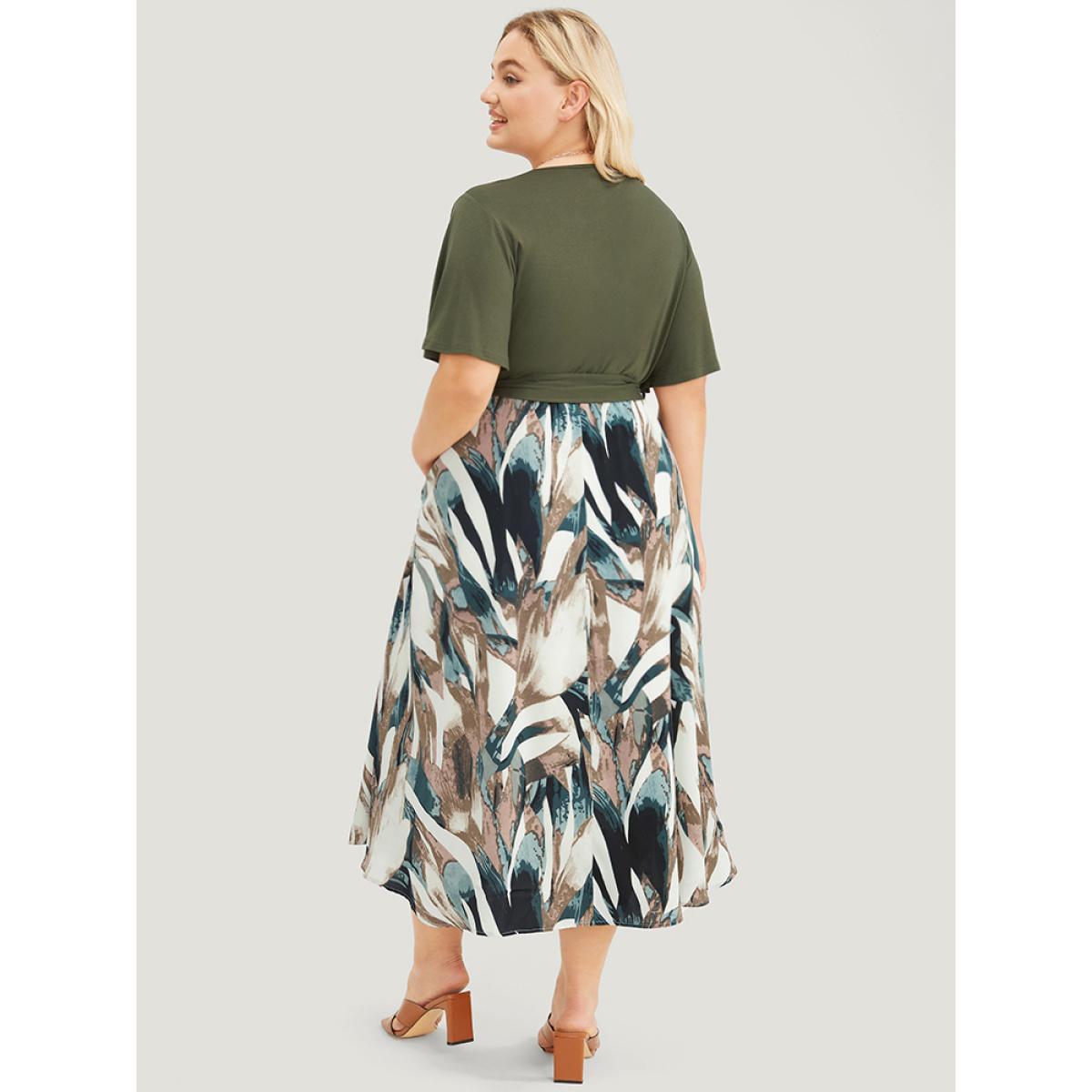 Plus Size Graphic Print Pocket Ruffle Surplice Neck Belt Dress Moss Women Office Lined V-neck Short sleeve Curvy Midi Dress BloomChic 10/M Product Image