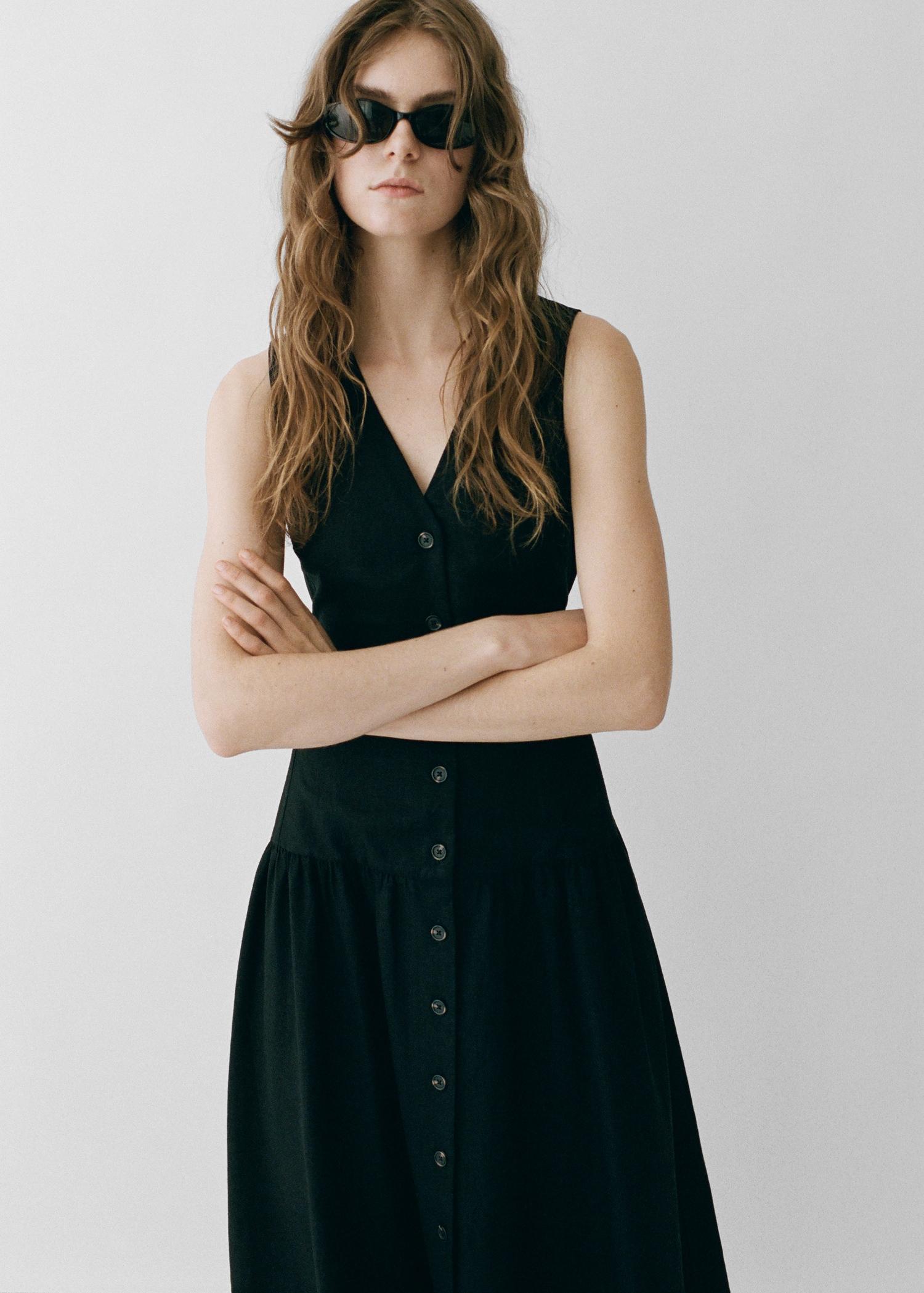 Linen midi-dress with belt - Women | MANGO USA Product Image
