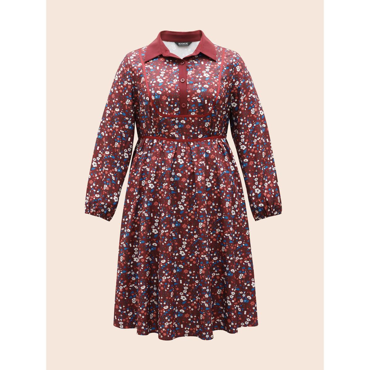 Plus Size Ditsy Floral Woven Ribbon Button Up Dress Burgundy Women Casual Woven ribbon&lace trim Shirt collar Extra Long Sleeve Curvy BloomChic 12/L Product Image