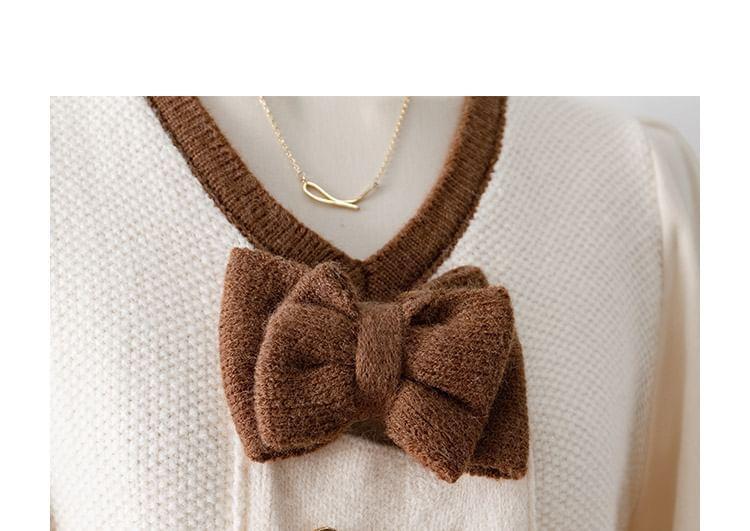 Balloon Sleeve V-Neck Bow Two Tone Double Breasted Knit Midi A-Line Dress Product Image