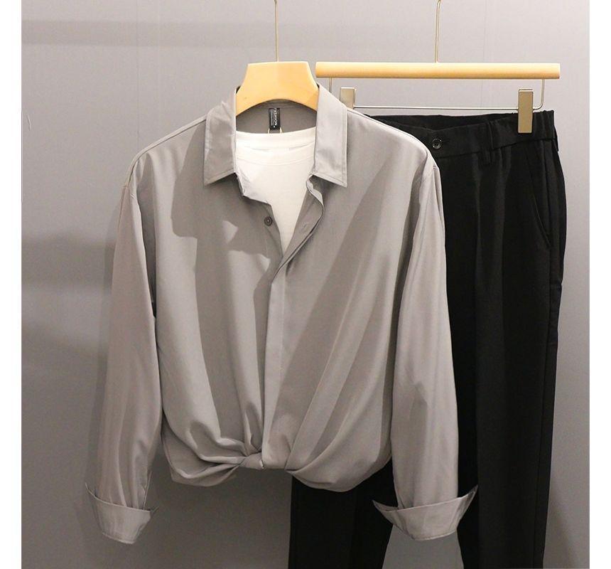 Long-Sleeve Plain Hidden-Button Shirt Product Image