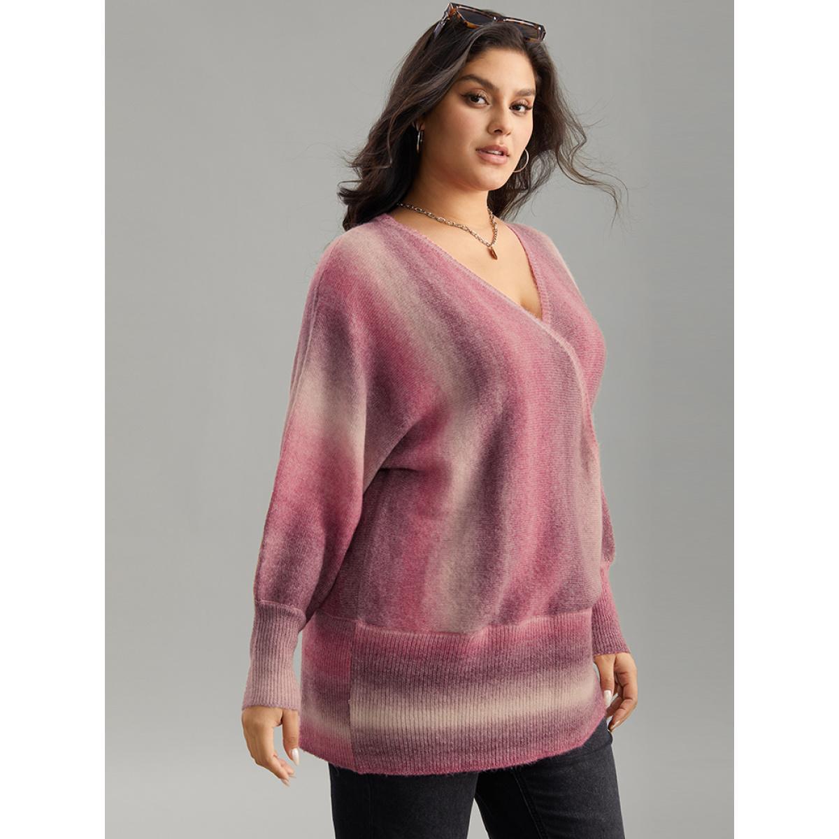 Plus Size Ombre Surplice Neck Elastic Hem Pullover Multicolor Women Casual Loose Long Sleeve V-neck Dailywear Pullovers BloomChic 12/L Product Image