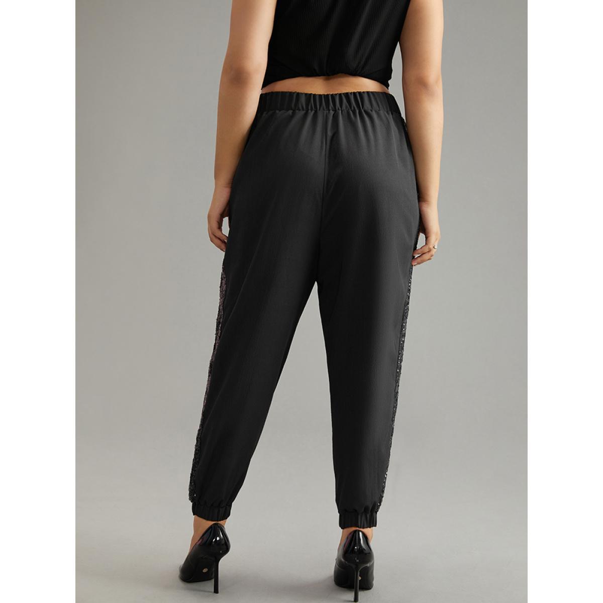 Plus Size Solid Sequin Patchwork Pocket Pants Women Black Glamour Harem High Rise Going out Pants BloomChic 30/6X Product Image