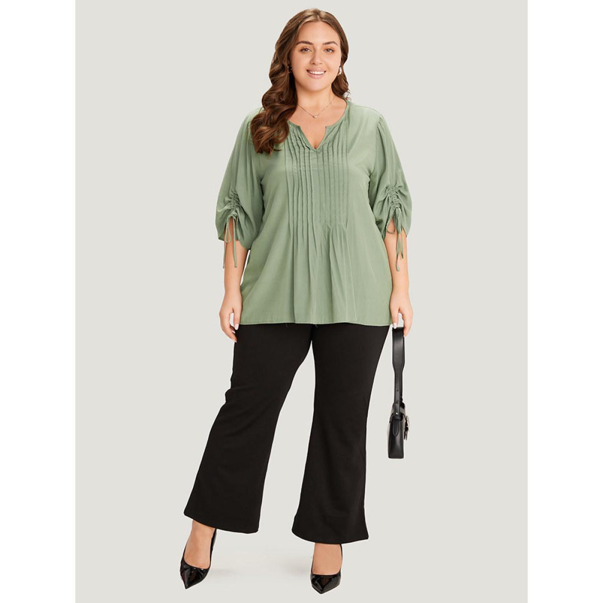 Plus Size Mint Supersoft Essentials Plain Notched Pleated Drawstring Blouse Women Office Half Sleeve Notched collar Work Blouses BloomChic 10/M Product Image