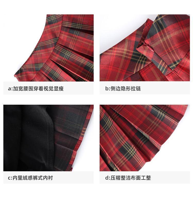 High Waist Plaid Pleated Mini A-Line Skirt Product Image