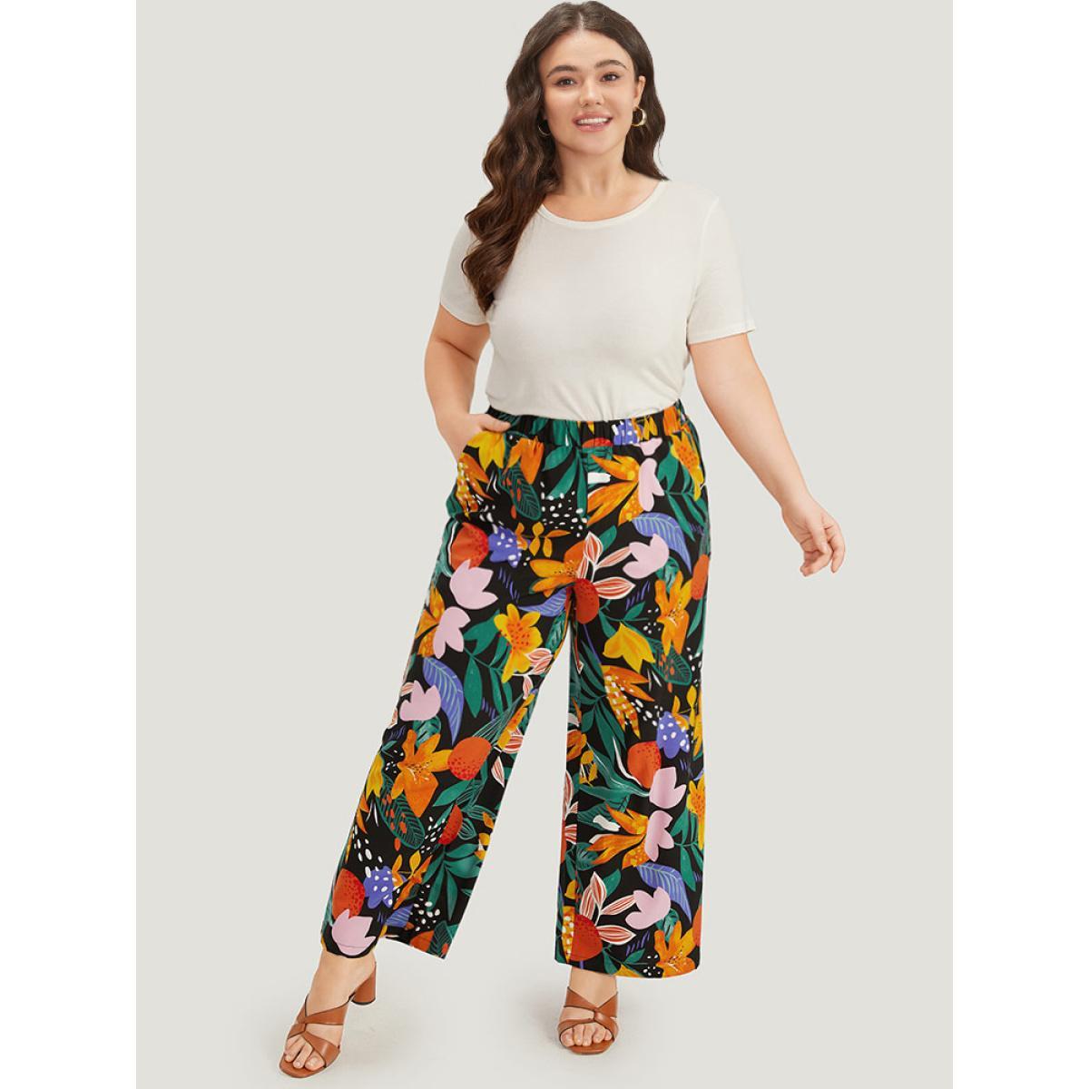 Plus Size Floral Print Pocket Elastic Waist Loose Pants Women Black Elegant Straight Leg High Rise Dailywear Pants BloomChic 28/5X Product Image
