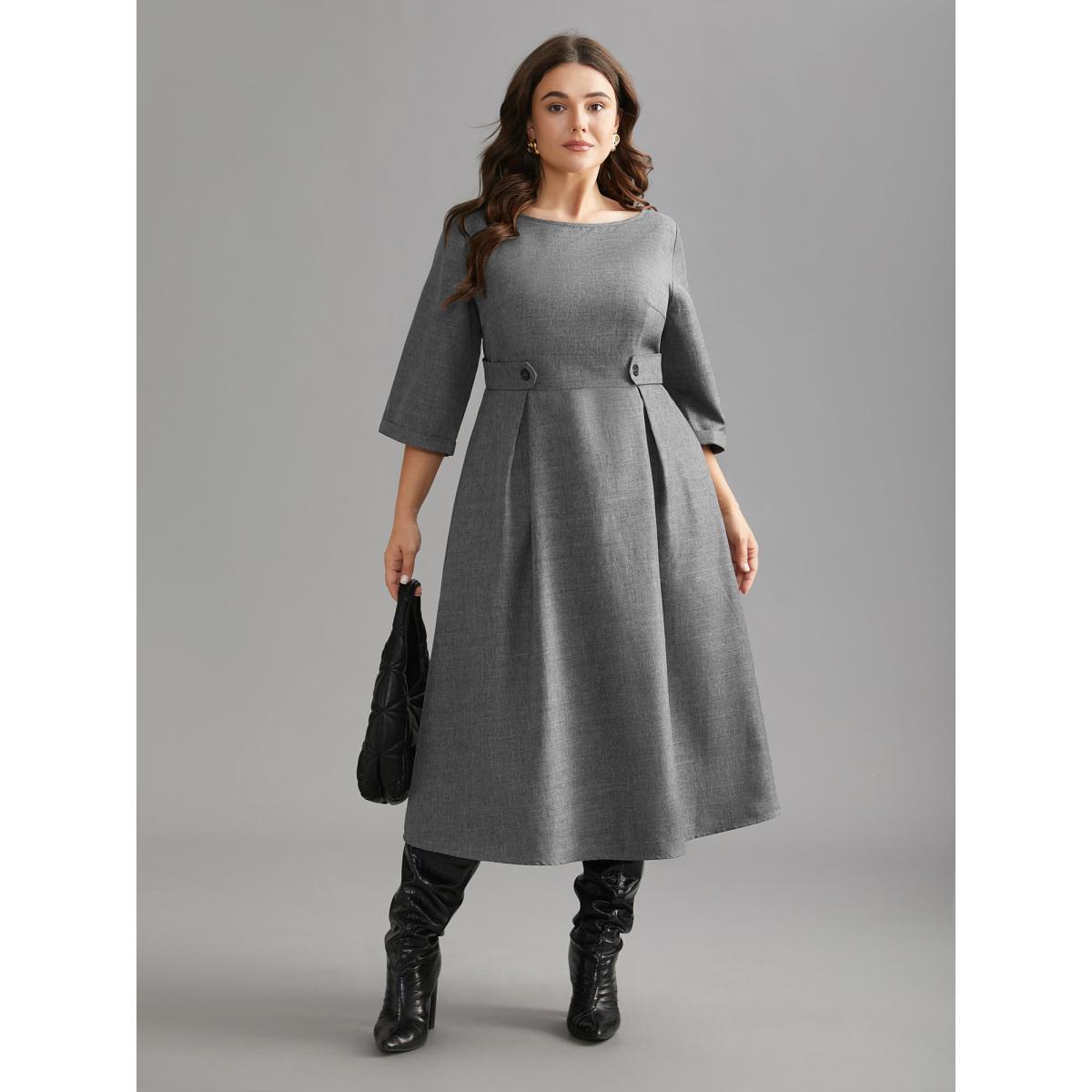 Plus Size Buckled Waist Loops Pleated Midi Dress DarkGray Women At the Office Pleated Boat Neck Elbow-length sleeve Curvy BloomChic 22-24/3X Product Image