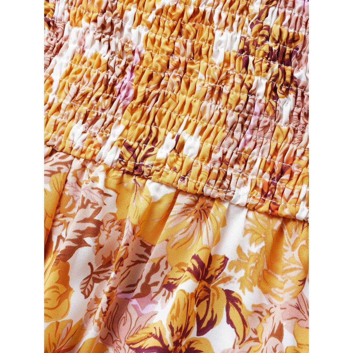 Plus Size Floral Heart Neckline Flutter Sleeve Dress Turmeric Women Elegant Twist Heart neckline Short sleeve Curvy BloomChic 22-24/3X Product Image