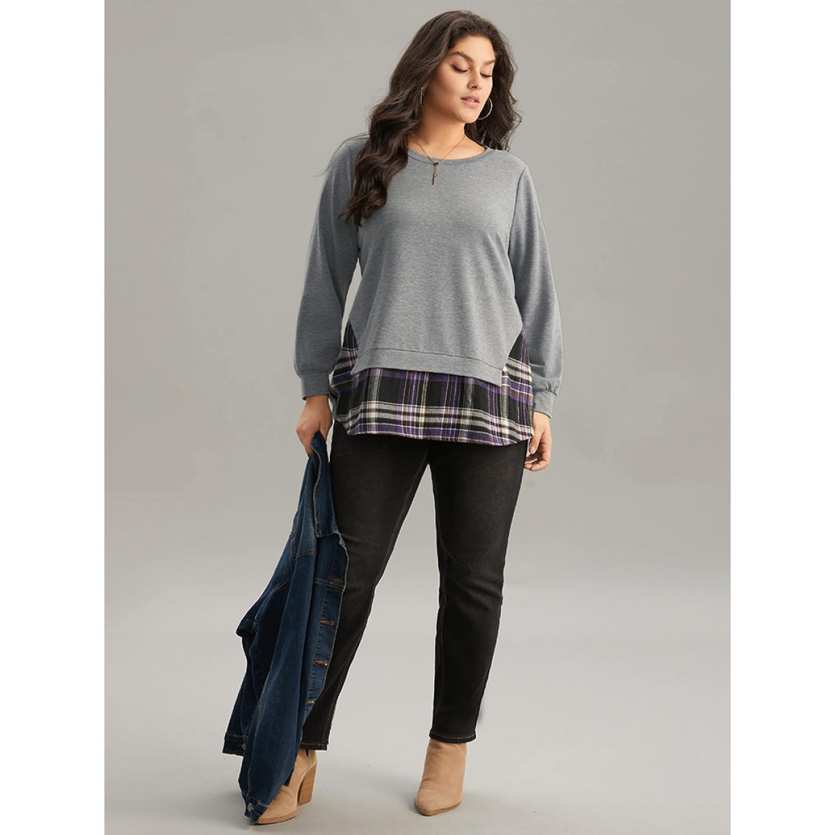 Plus Size Plaid Patchwork Contrast Crew Neck Sweatshirt Women Gray Casual Contrast Round Neck Dailywear Sweatshirts BloomChic 28/5X Product Image
