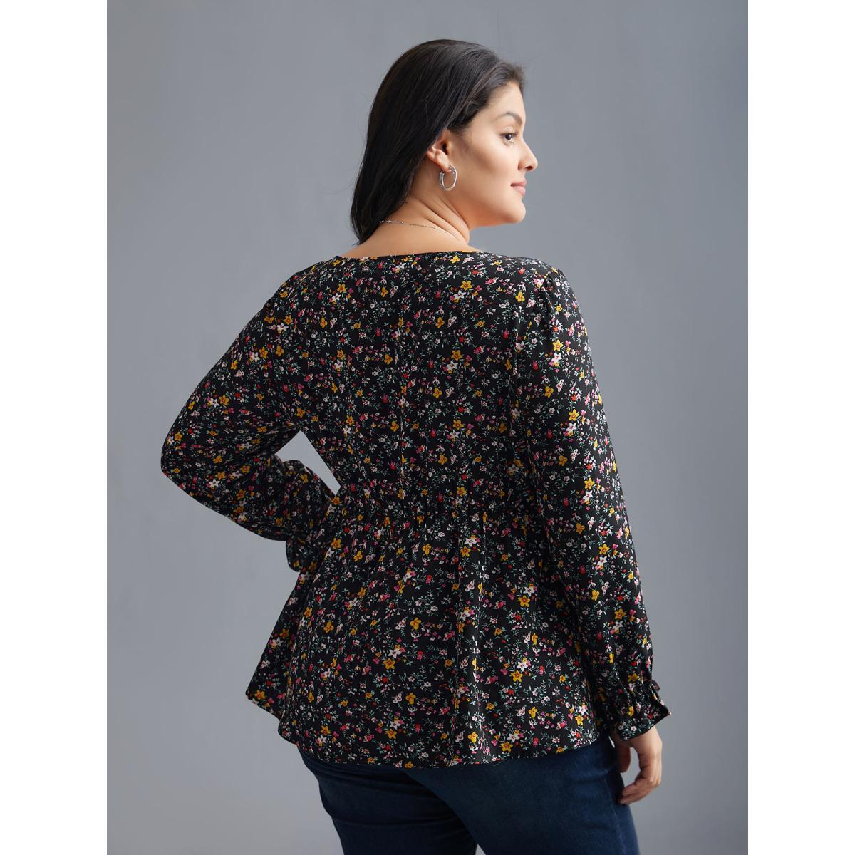 Plus Size Black Ditsy Floral Heart Neckline Gathered Blouse Women Elegant Long Sleeve Heart neckline Everyday Blouses BloomChic 28/5X Product Image