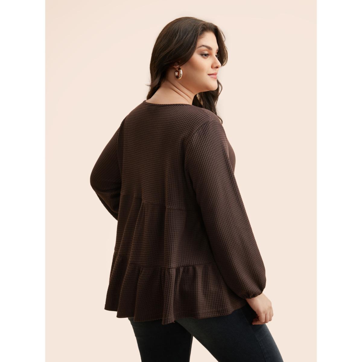 Plus Size Solid Waffle Knit Ruffle Hem T-shirt DarkBrown Women Casual Texture V-neck Everyday T-shirts BloomChic 12/L Product Image