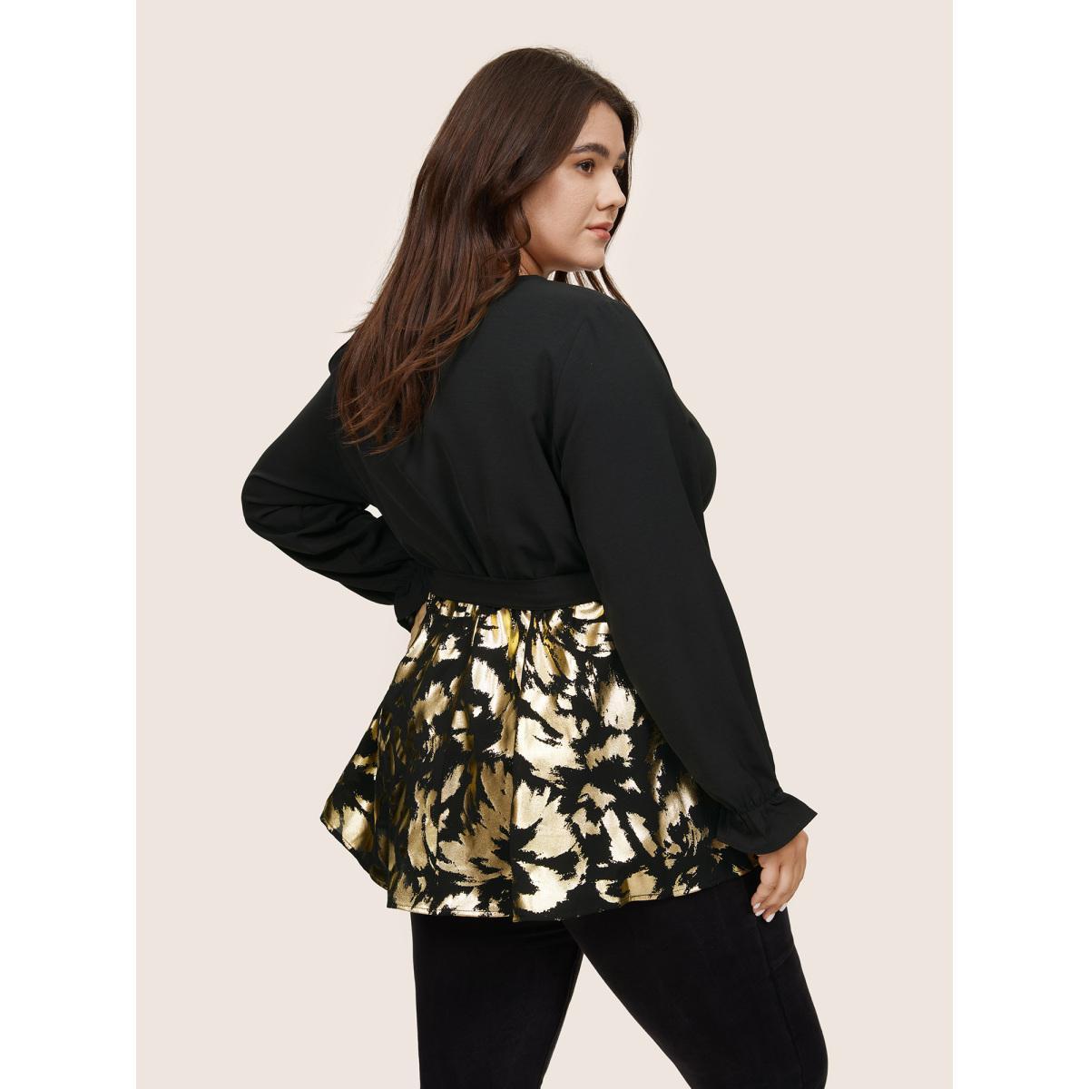 Plus Size Black Glitter Patchwork Ruffles Wrap Belted Blouse Women Cocktail Long Sleeve Overlap Collar Party Blouses BloomChic 30/6X Product Image