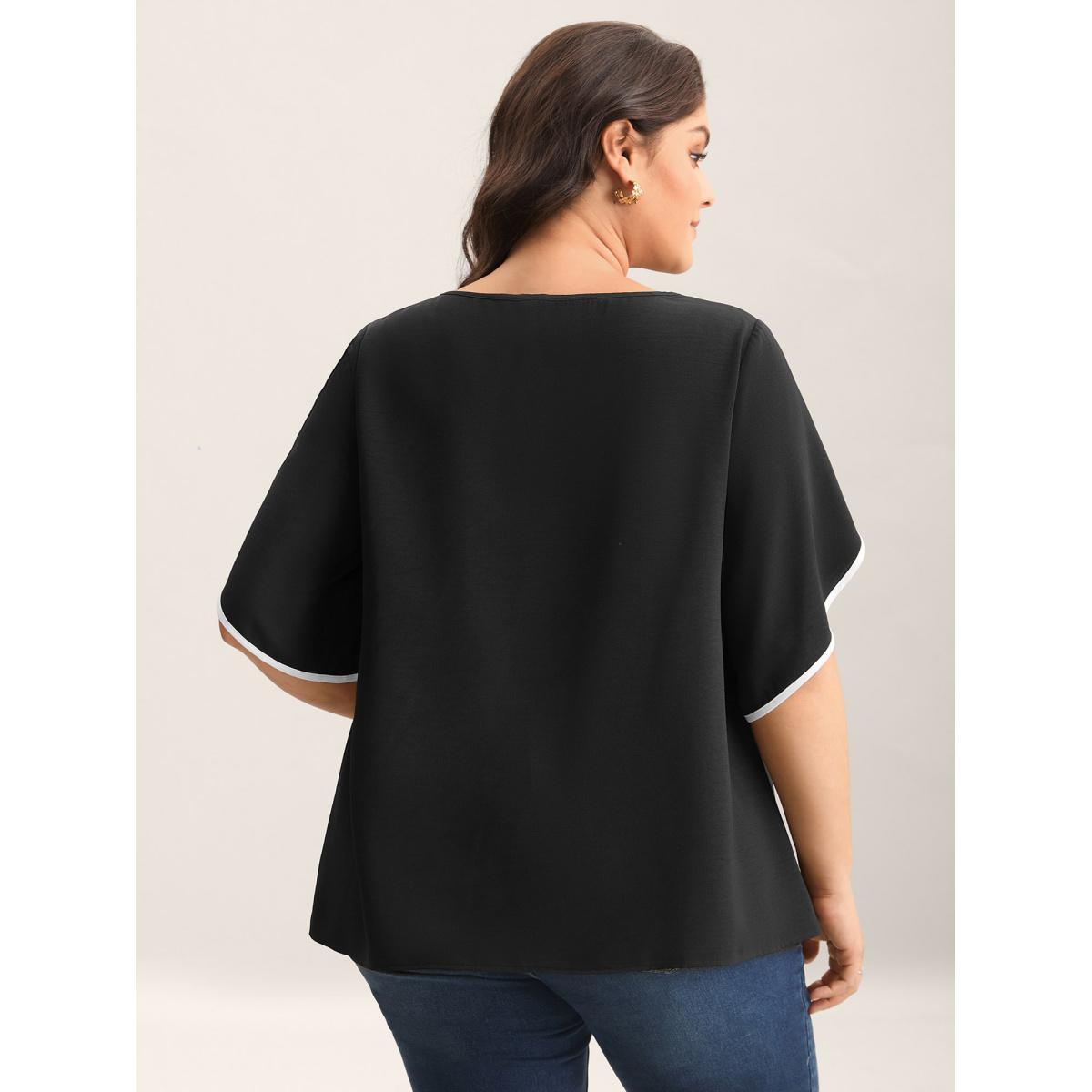 Plus Size Black Color Contrast Petal Sleeve Shirt Women Half Sleeve Round Neck Work Blouses BloomChic 28/5X Product Image