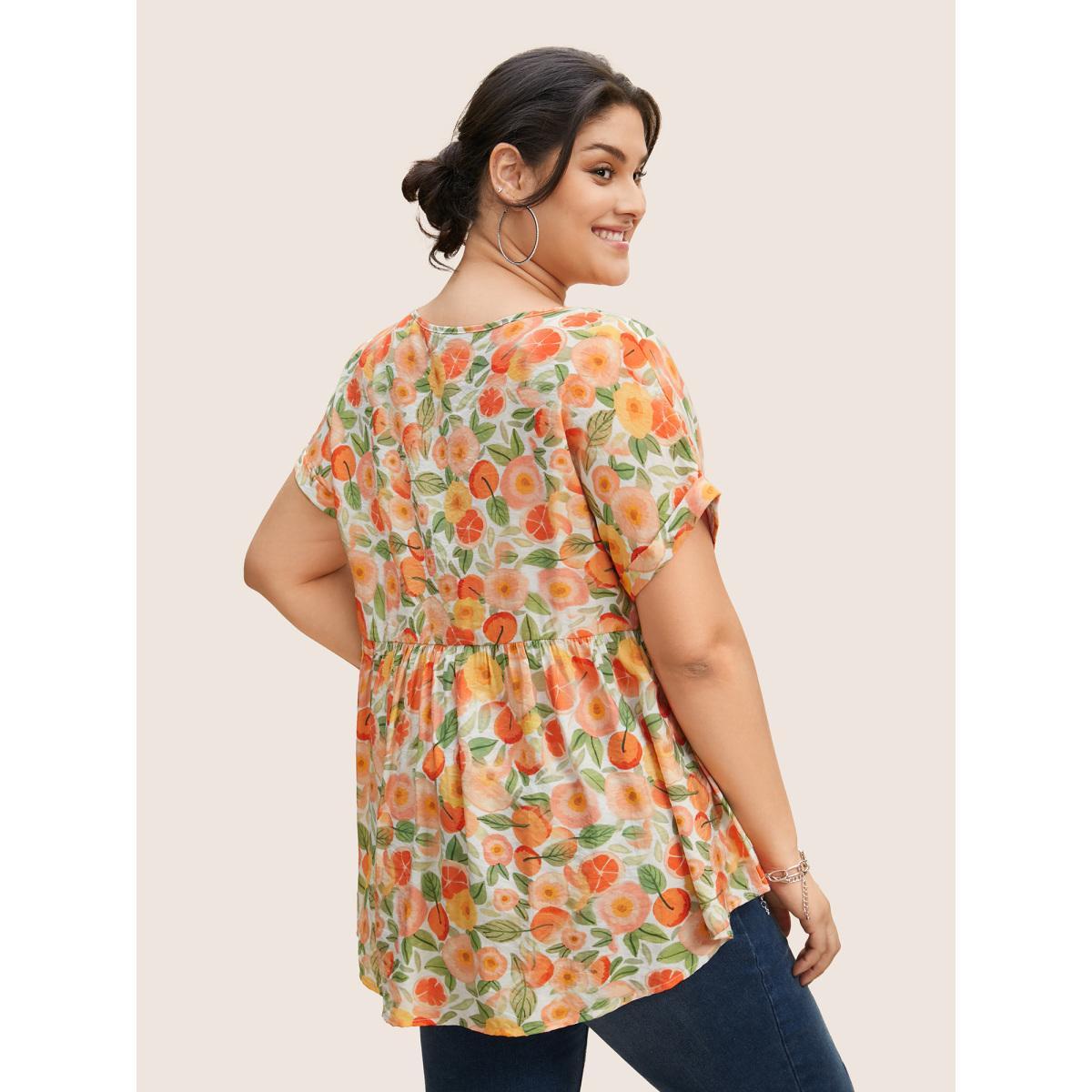 Plus Size Salmon Fruit Print Curved Hem Batwing Sleeve Blouse Women Casual Cap Sleeve Round Neck Everyday Blouses BloomChic 28/5X Product Image