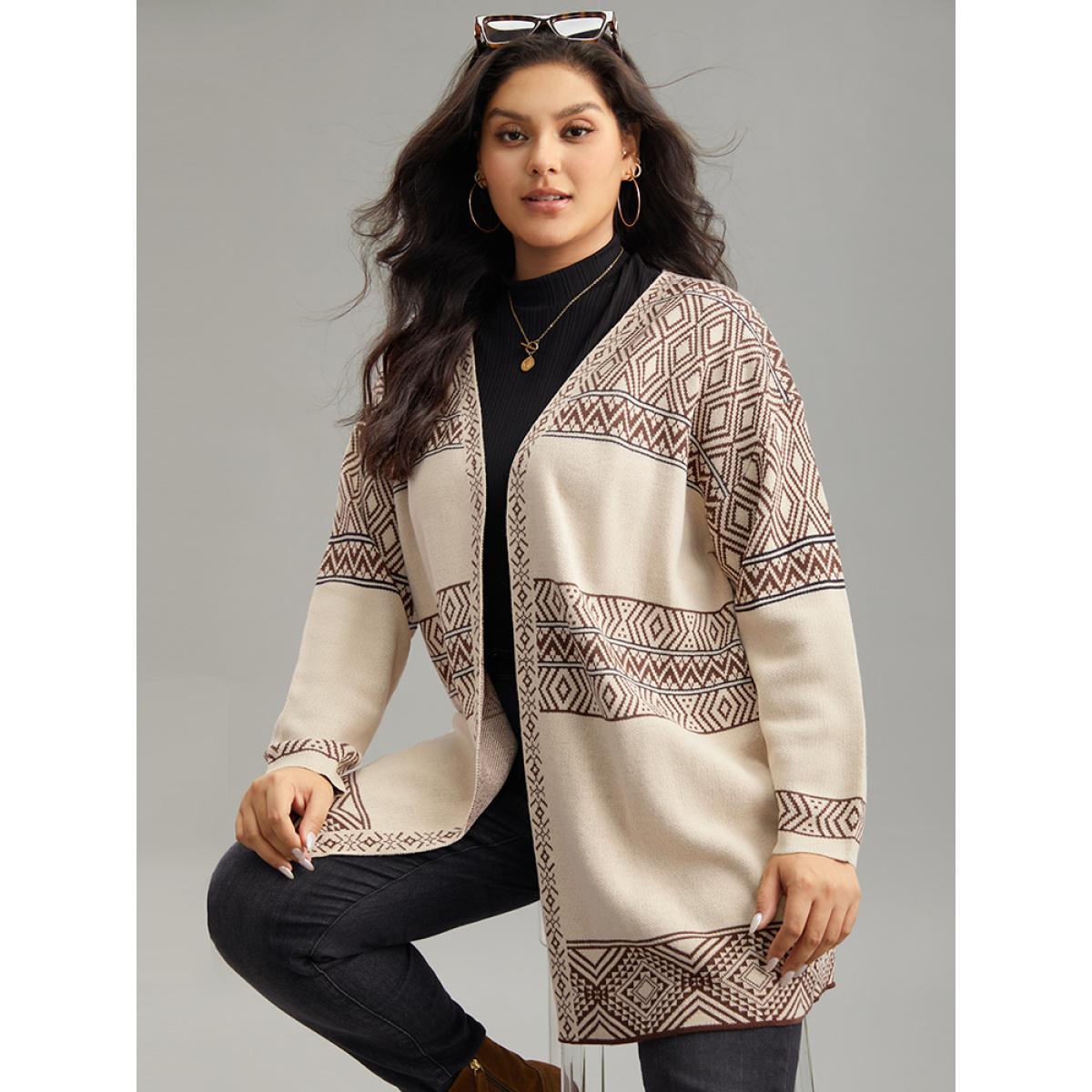 Plus Size Geometric Open Front Cardigan Champagne Women Casual Loose Long Sleeve Dailywear Cardigans BloomChic 12/L Product Image