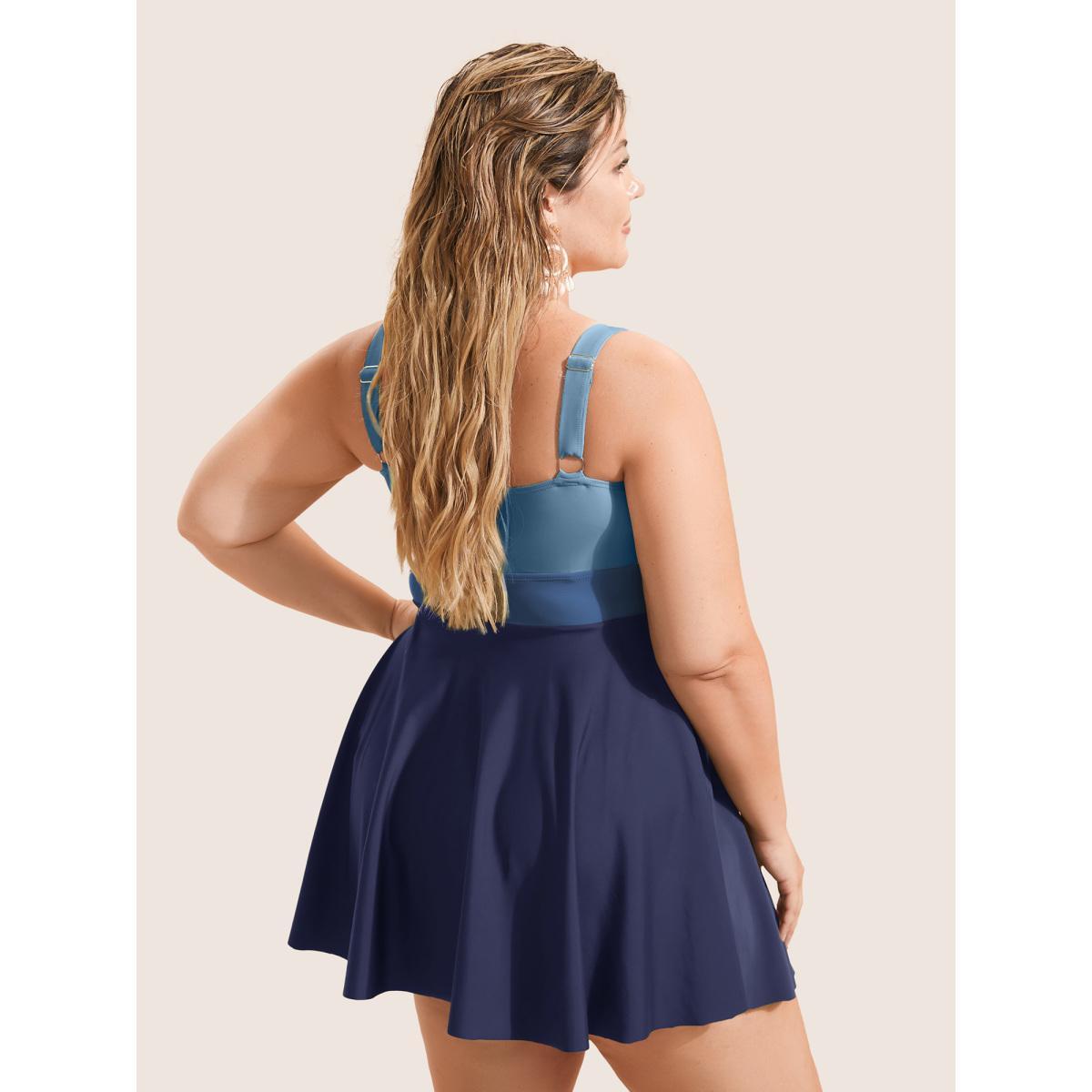 Plus Size Twist Front Patchwork Adjustable Straps Swim Dress Women's Swimwear Navy Beach Bodycon Heart neckline High stretch Curve Swim Dresses BloomChic 14-16/1X Product Image