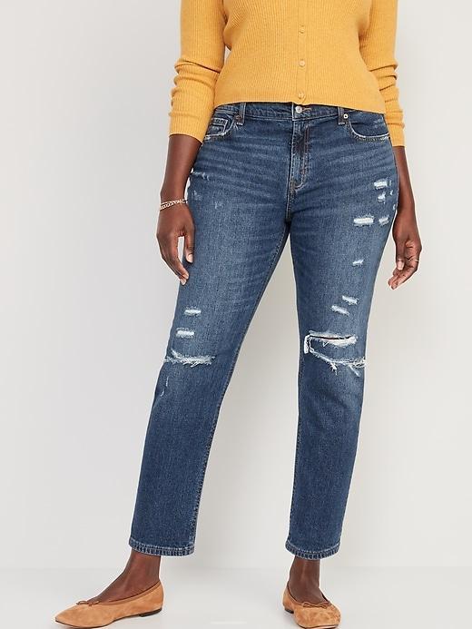 Mid-Rise Boyfriend Straight Ripped Jeans Product Image
