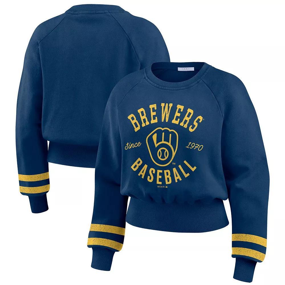 Women's WEAR by Erin Andrews  Navy Milwaukee Brewers Vintage Washed Cropped Pullover Sweatshirt, Size: 2XL, Blue Product Image