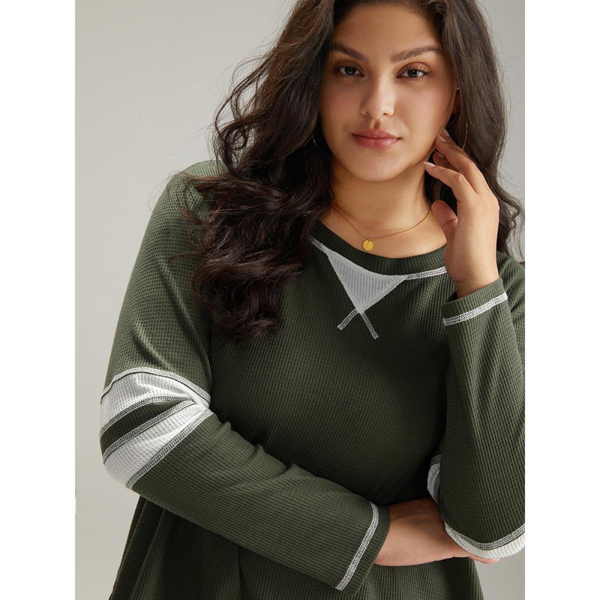 Plus Size Waffle Knit Striped Contrast Stitch T-shirt Green Women Casual Contrast Striped Round Neck Dailywear T-shirts BloomChic 22-24/3X Product Image