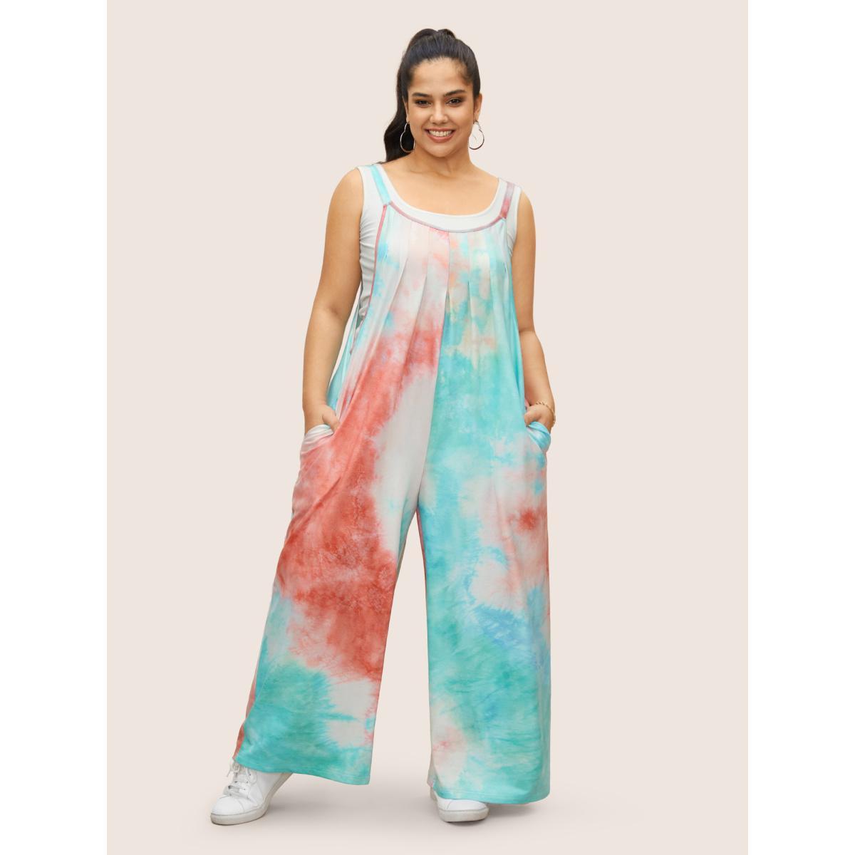 Plus Size Multicolor U Neck Tie Dye Pocket Pleated Jumpsuit Women Casual Sleeveless U-neck Everyday Loose Jumpsuits BloomChic 10/M Product Image