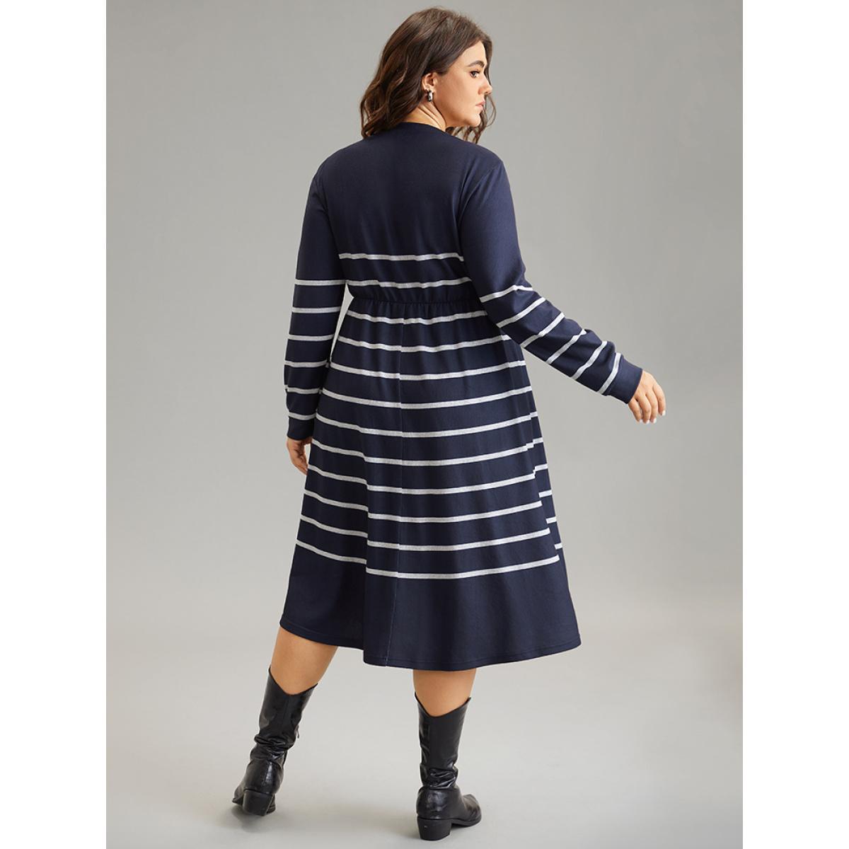 Plus Size Striped Elastic Waist Pocket Zipper Dress DarkBlue Women Casual Printed Round Neck Long Sleeve Curvy Midi Dress BloomChic 10/M Product Image