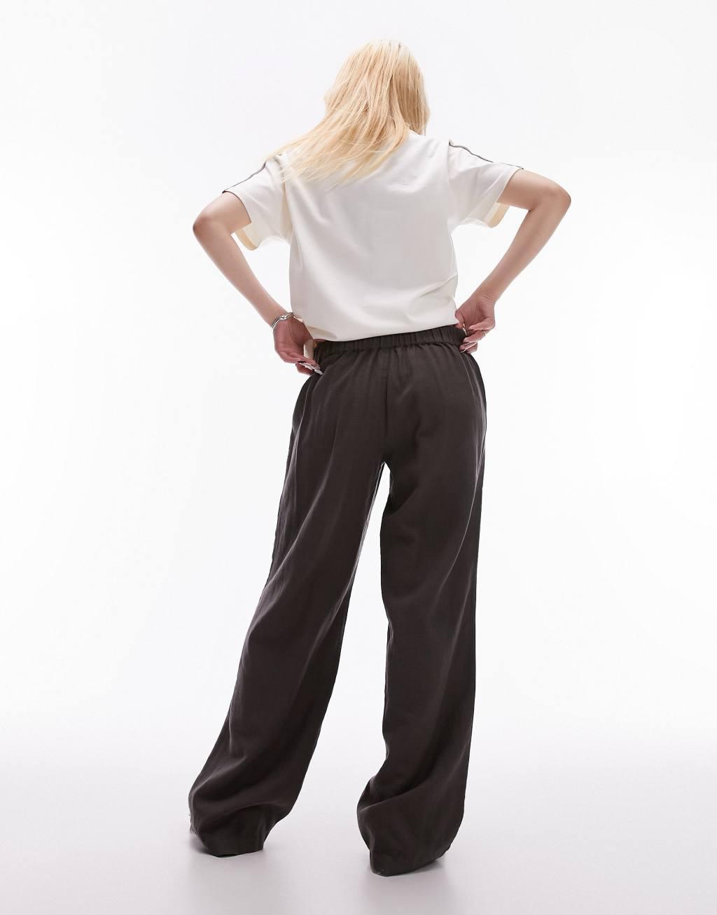 Topshop Petite linen low rise draw cord waist straight leg pants in charcoal Product Image