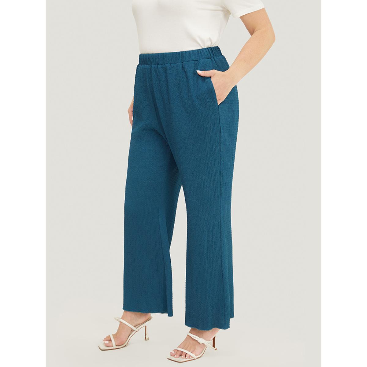 Plus Size Solid Textured Elastic Waist Pocket Bootcut Pants Women Aegean Casual Mid Rise Dailywear Pants BloomChic 30/6X Product Image