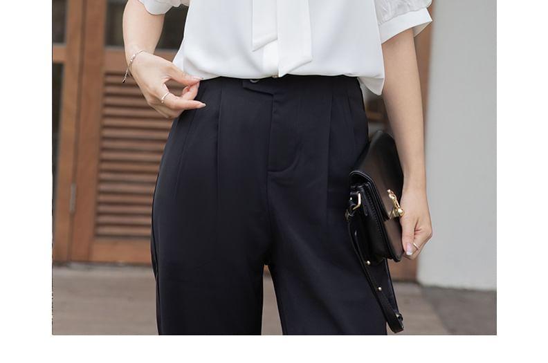 Short-Sleeve Tie Neck Plain Blouse Product Image