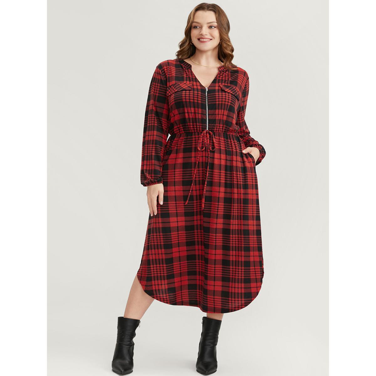 Plus Size Plaid Zip Up Lantern Sleeve Ties Arc Hem Dress Scarlet Women Casual Elastic Waist V-neck Long Sleeve Curvy Midi Dress BloomChic 18-20/2X Product Image
