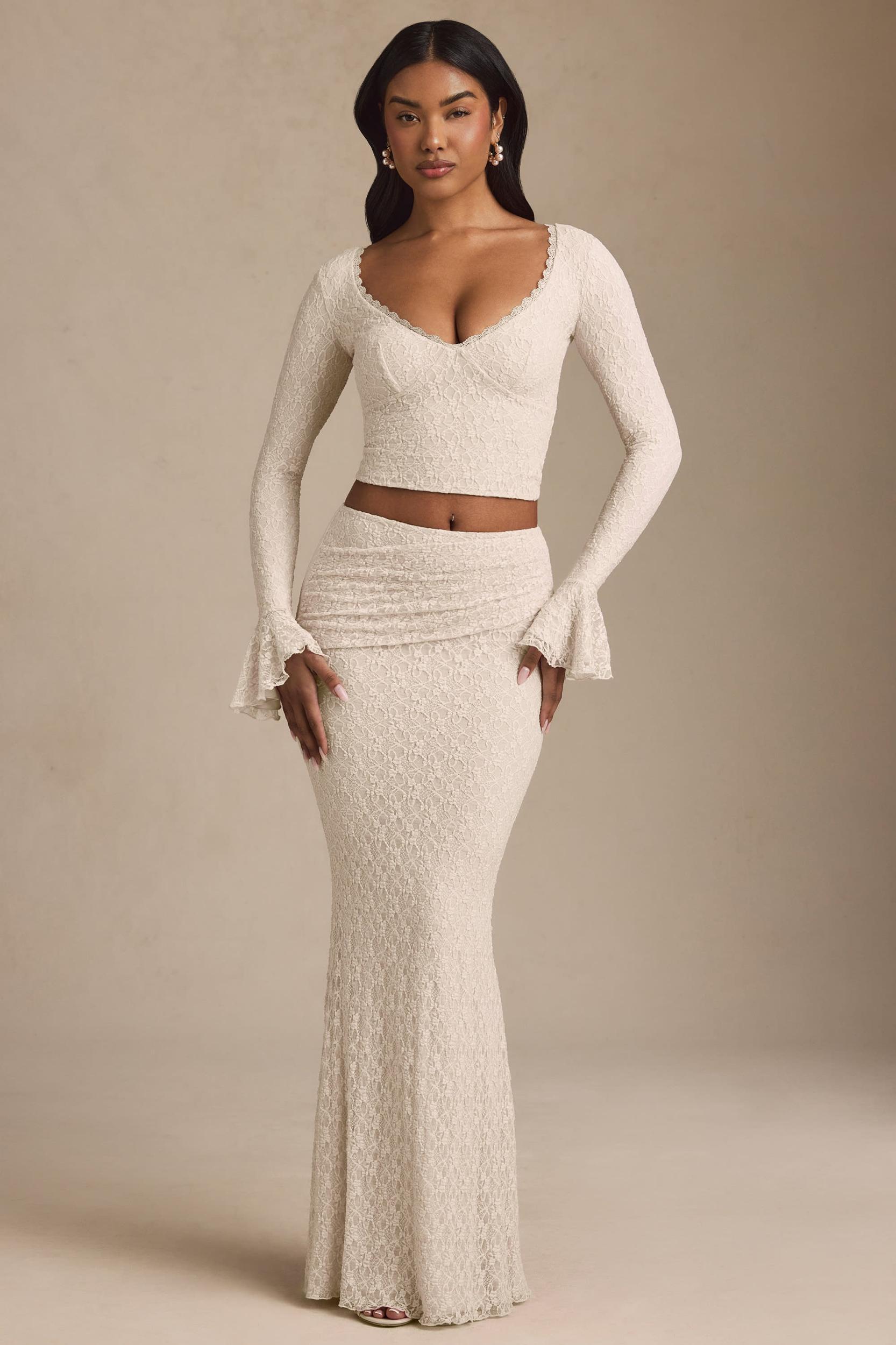 Ruffle Long-Sleeve Lace Top in Ivory Product Image