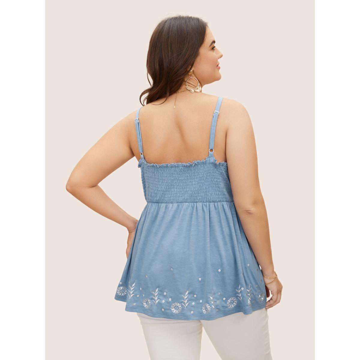 Plus Size Floral Embroidered Overlap Collar Shirred Cami Top Women Stone Resort Overlapping Overlap Collar Vacation Tank Tops Camis BloomChic 28/5X Product Image