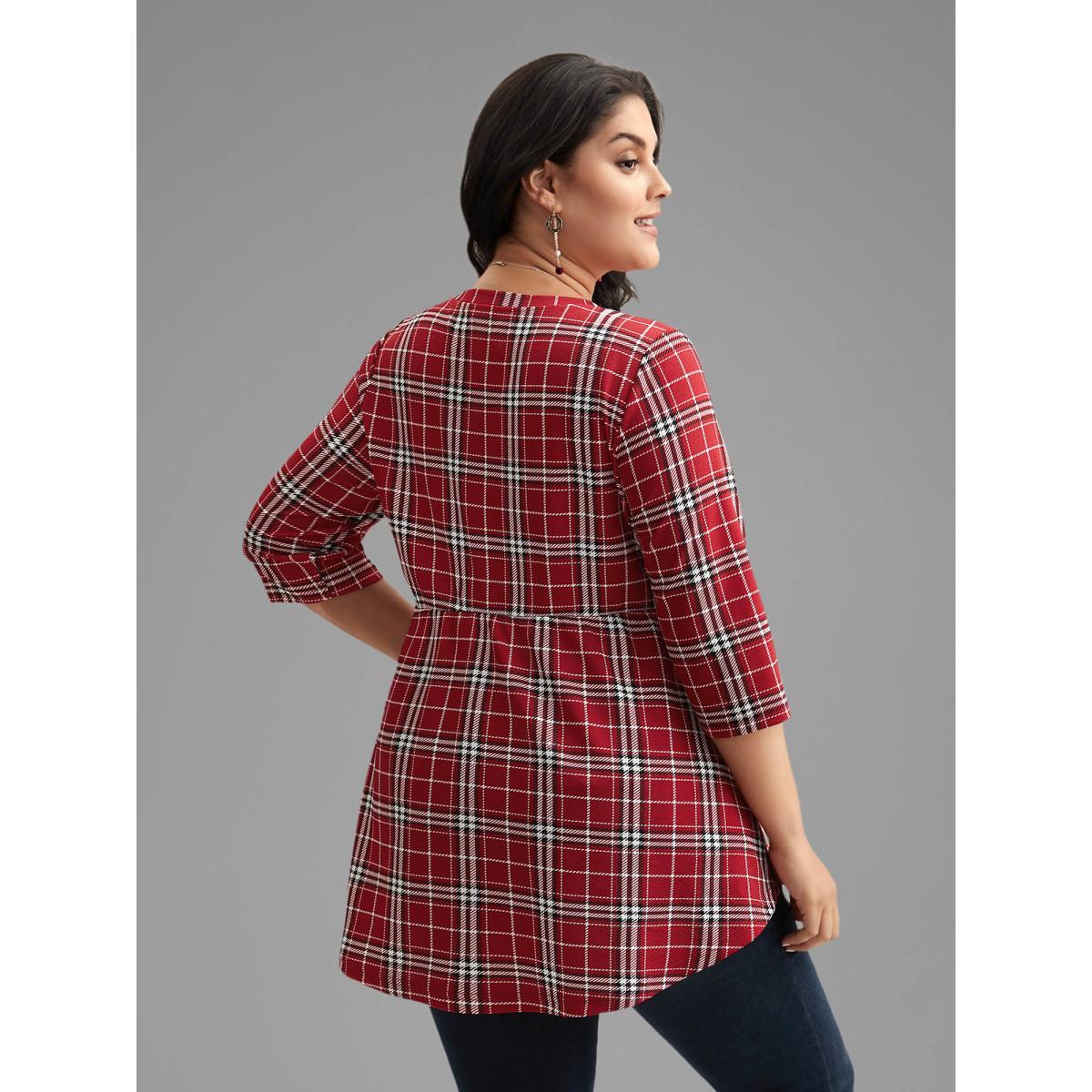 Plus Size Plaid Quarter-Sleeve Elastic Waist Tee Brightred Women Elegant Non V-neck Bodycon Everyday T-shirts BloomChic 18-20/2X Product Image