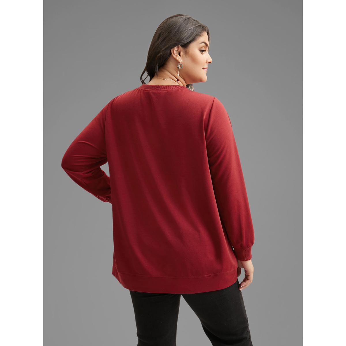 Plus Size Overlapping Hem Round Neck Sweatshirt Women Burgundy Casual Overlapping Round Neck Everyday Sweatshirts BloomChic 18-20/2X Product Image