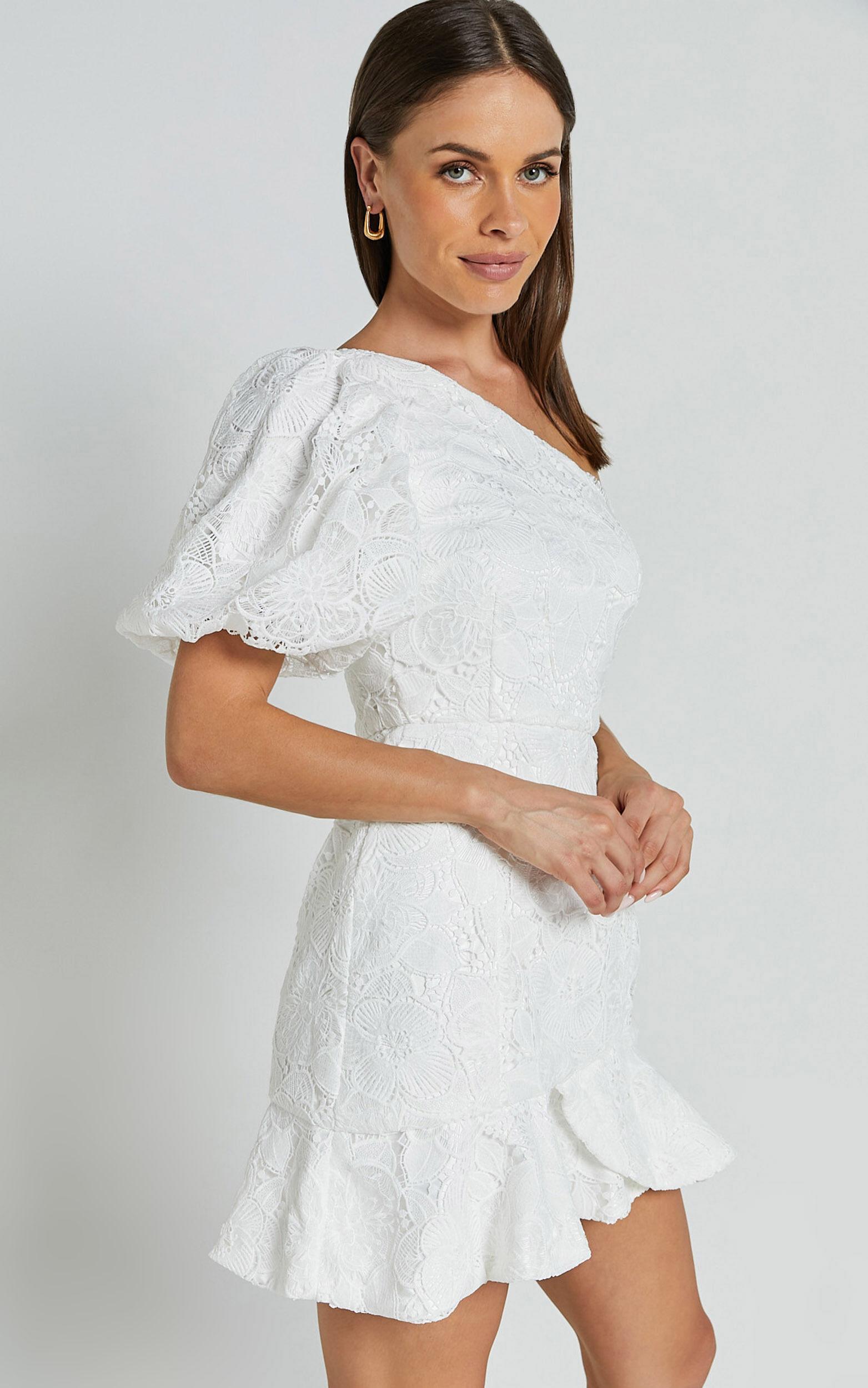 Jenny Mini Dress - One Shoulder Side Cut Out Lace Dress in White Product Image