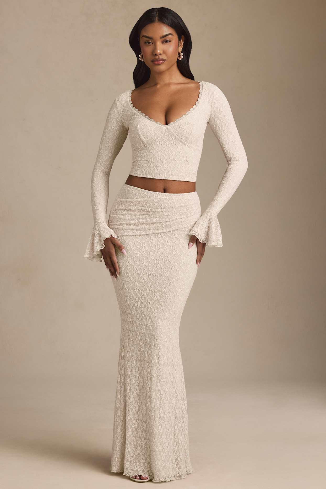 Ruffle Long-Sleeve Lace Top in Ivory Product Image