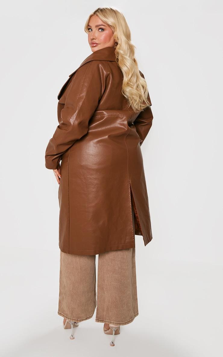 Plus Brown Button Detail Faux Leather Trench Coat Product Image