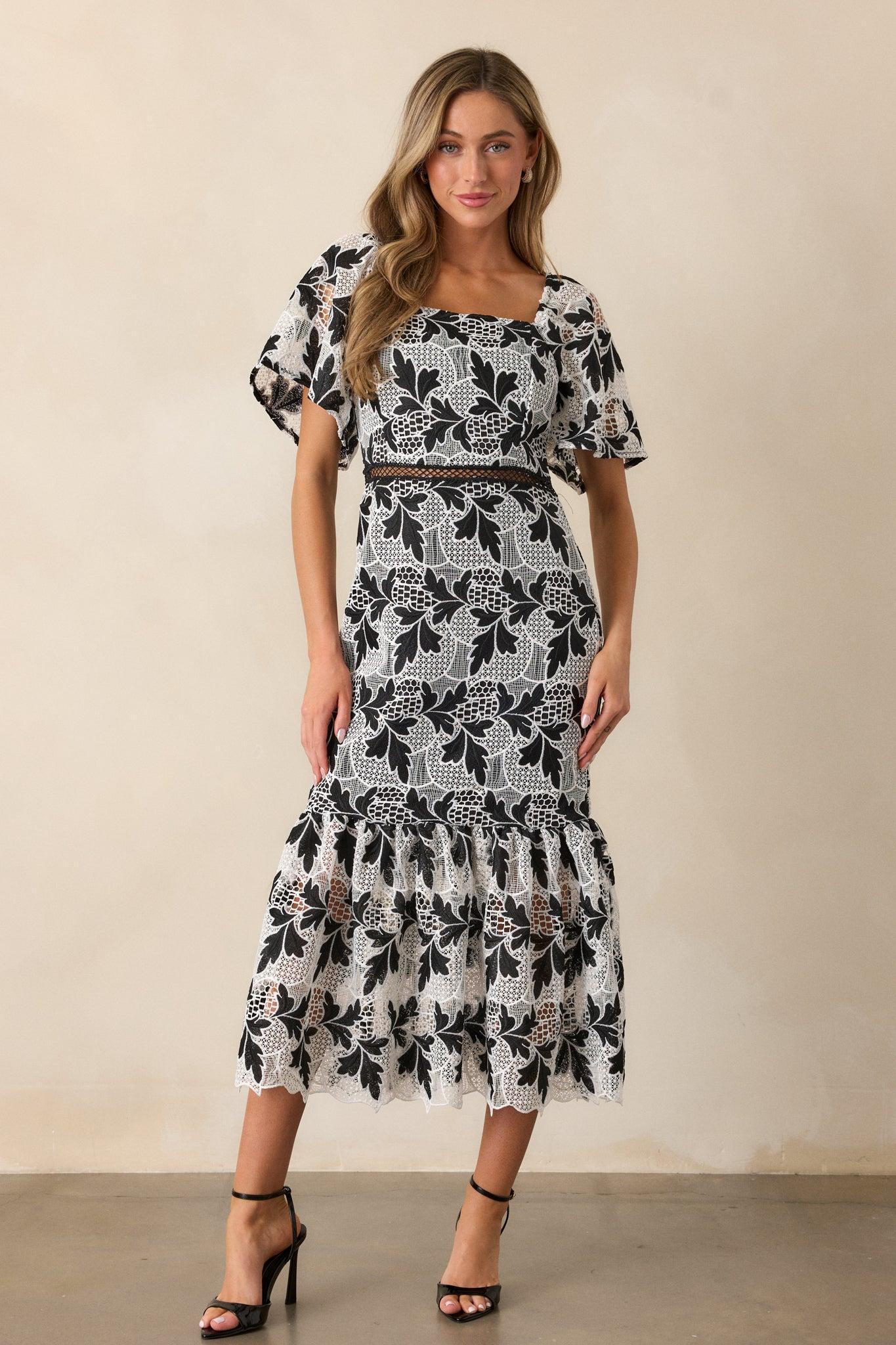 In This Moment Black & White Embroidered Midi Dress Product Image