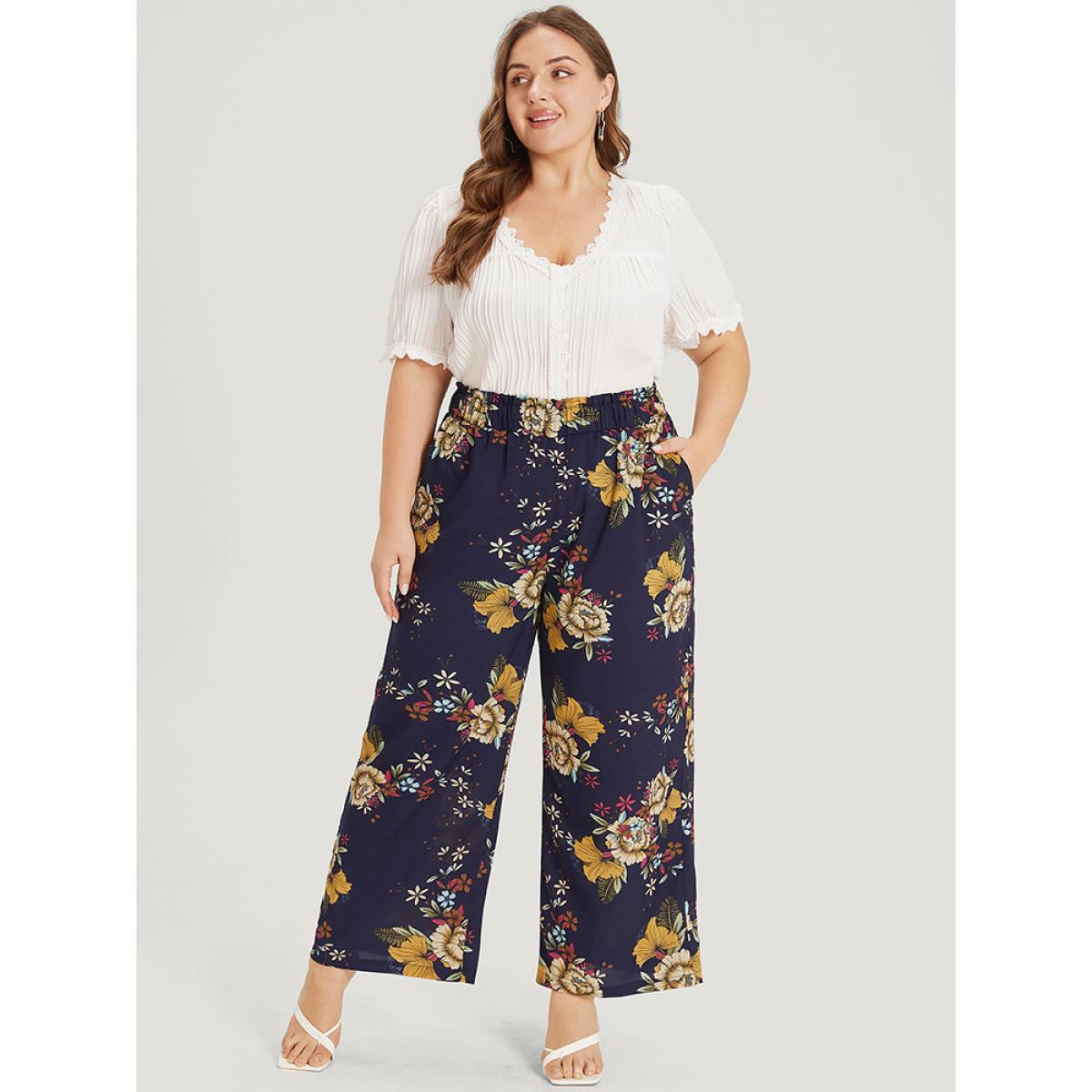 Plus Size Floral Print Pocket Elastic Waist Wide High Rise Pants Women Indigo Elegant Straight Leg High Rise Dailywear Pants BloomChic 18-20/2X Product Image