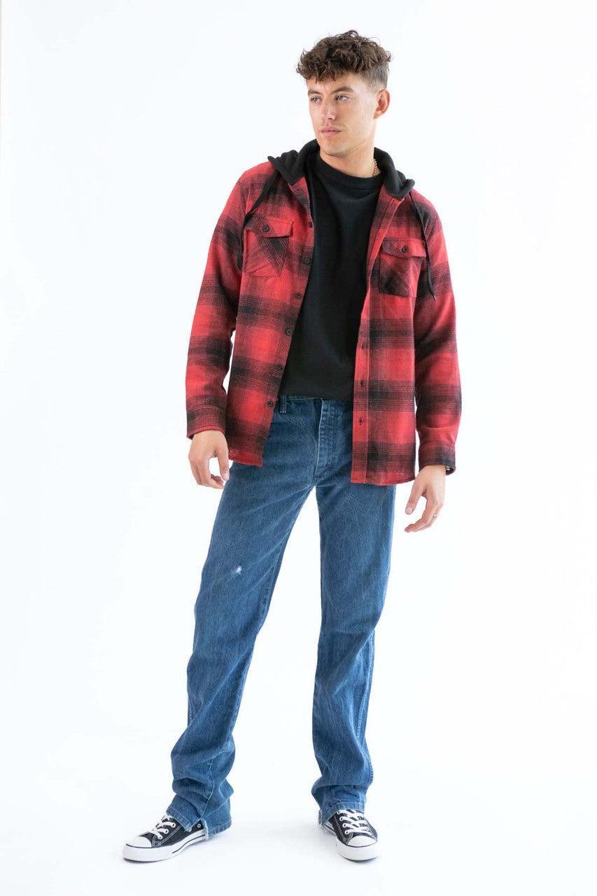Red and Black Hooded Flannel Shirt Product Image