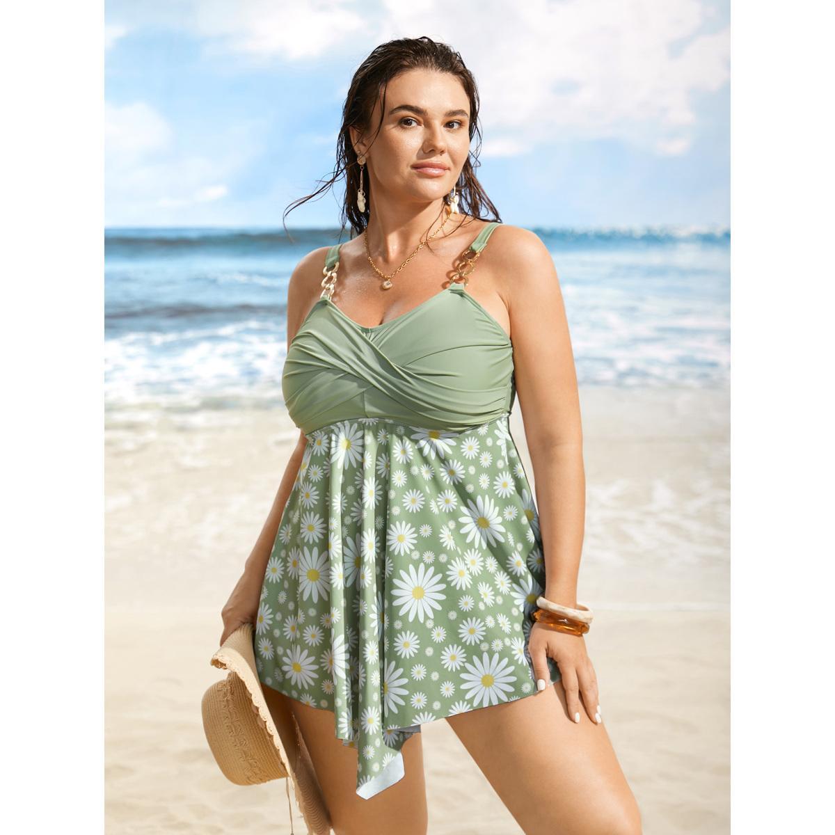 Plus Size Floral Patchwork Twist Front Buckle Detail Swim Dress Women's Swimwear LightGreen Beach Bodycon Heart neckline High stretch Curve Swim Dresses BloomChic 26/4X Product Image