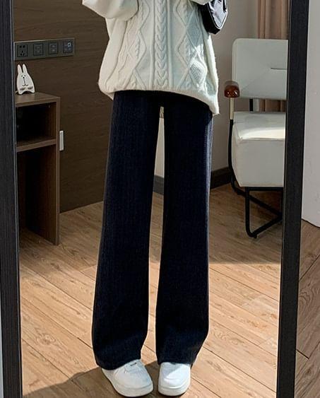 High Rise Plain Ribbed Loose Fit Pants Product Image