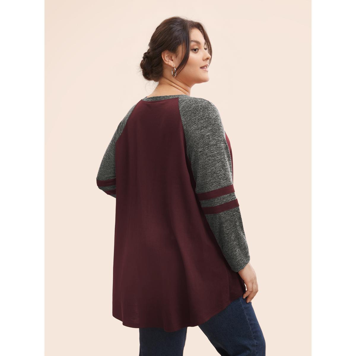 Plus Size Striped Contrast Pocket Raglan Sleeve High Low Hem Sweatshirt Women Maroon Casual Contrast Round Neck Everyday Sweatshirts BloomChic 30/6X Product Image