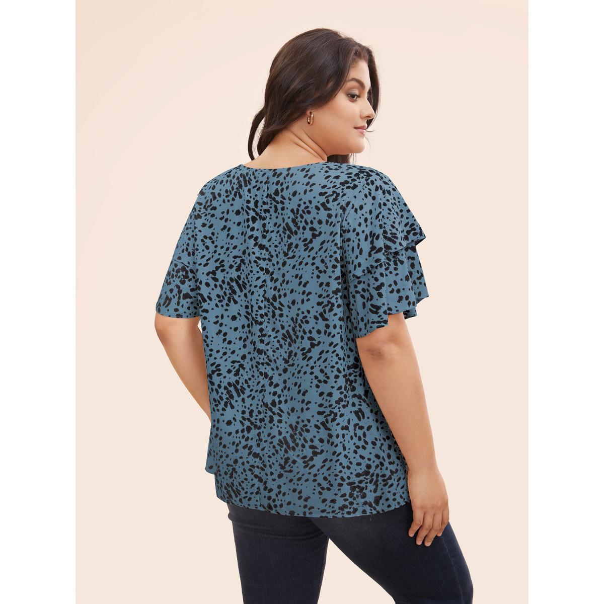 Plus Size Stone Leopard Crew Neck Ruffle Tiered Sleeve Blouse Women Elegant Short sleeve Round Neck Everyday Blouses BloomChic 22-24/3X Product Image