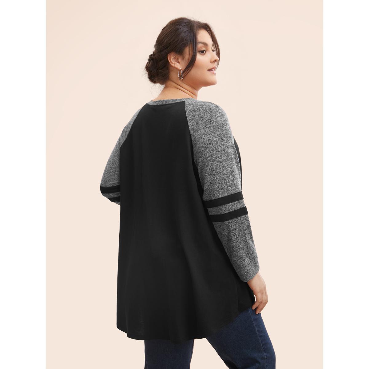 Plus Size Striped Contrast Pocket Raglan Sleeve High Low Hem Sweatshirt Women DarkBlue Casual Contrast Round Neck Everyday Sweatshirts BloomChic 22-24/3X Product Image