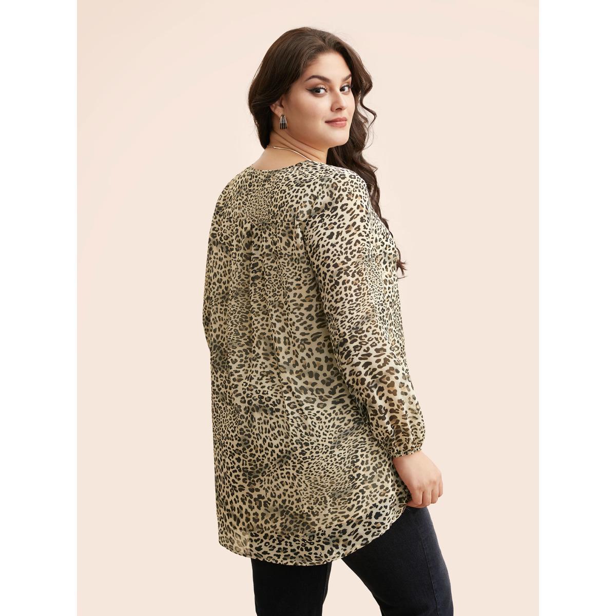 Plus Size Tan Leopard Print Asymmetrical Hem Lantern Sleeve Blouse Women Elegant Long Sleeve V-neck Everyday Blouses BloomChic 12/L Product Image