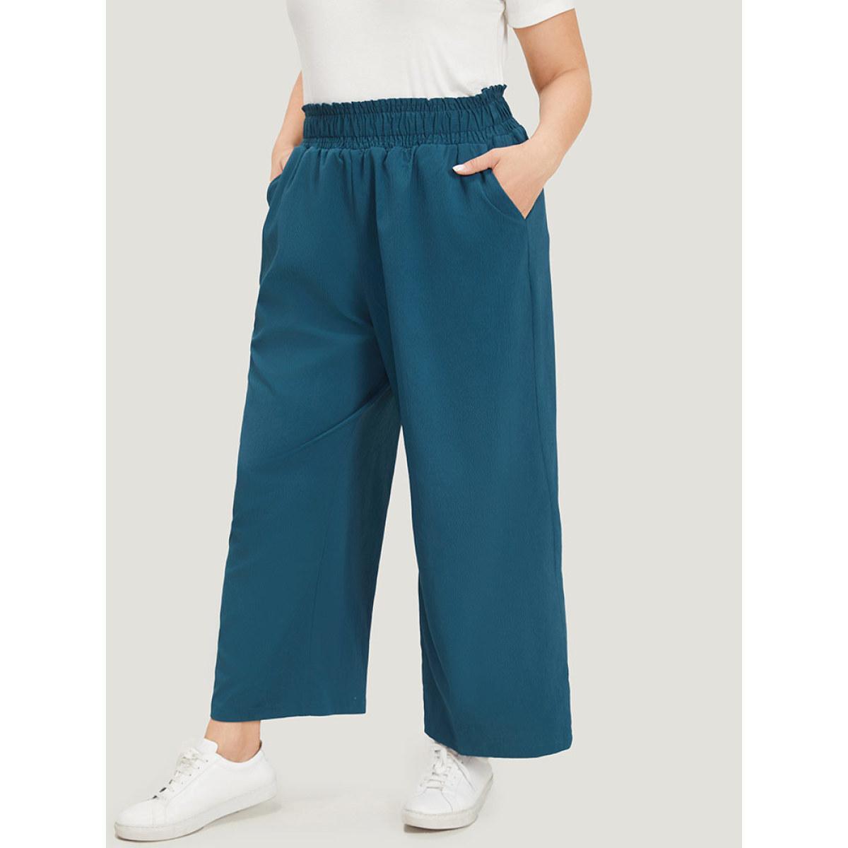 Plus Size Plain Textured Shirred Elastic Waist Pocket Pants Women Aegean Casual Straight Leg High Rise Dailywear Pants BloomChic 12/L Product Image